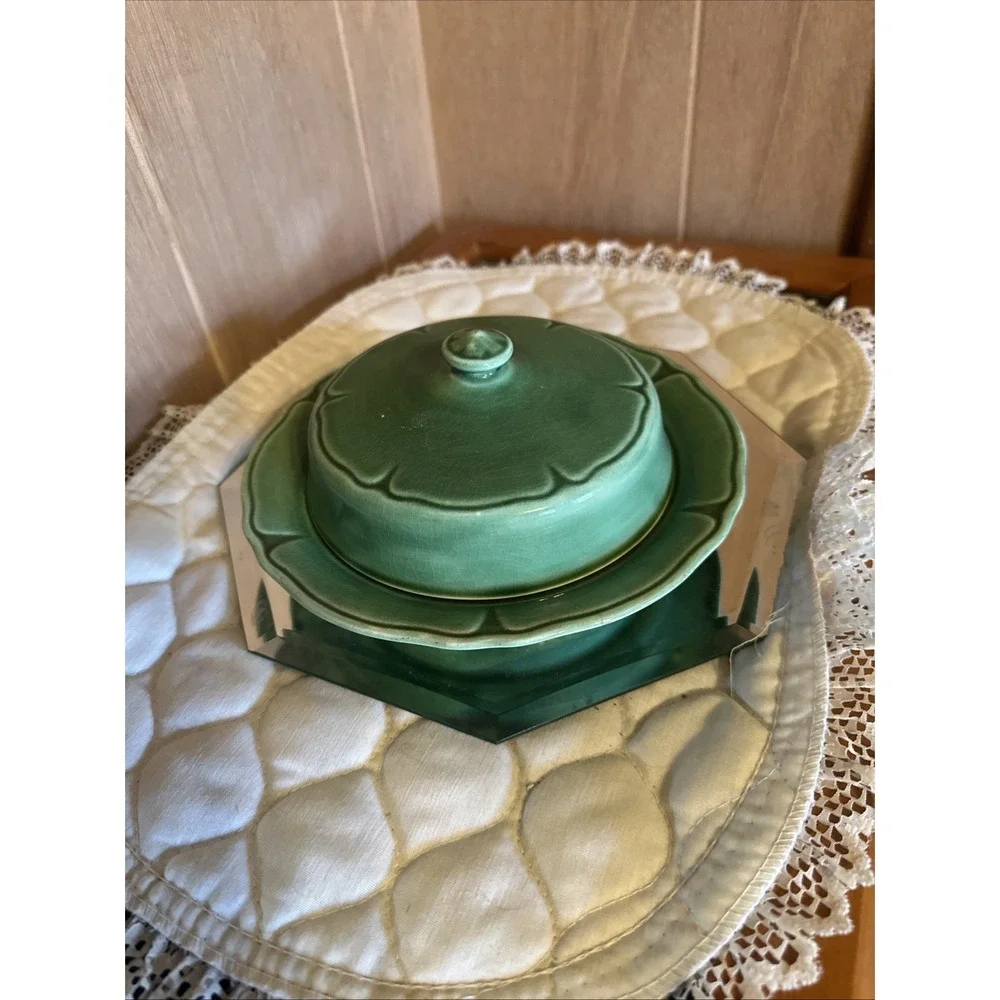 vintage green covered butter dish from the‎ Mount Clemens Pottery Company